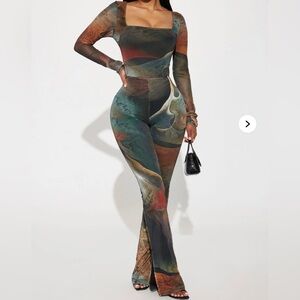 Fashion Nova Earthy Tones Abstract Jumpsuit